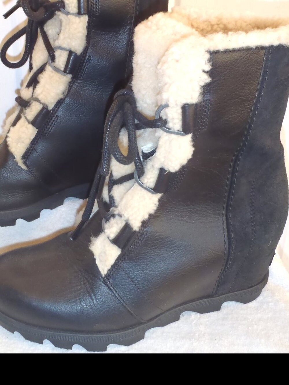 10.5 Sorel Joan of Arctic Wedge Black Leather Waterproof Shearling Winter Boots